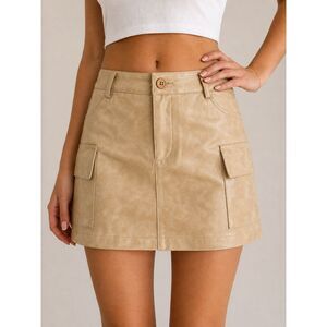 Miss Lola Faux Leather Cargo Mini Skirt Tan Beige M Y2K Utility Pocket Skirt